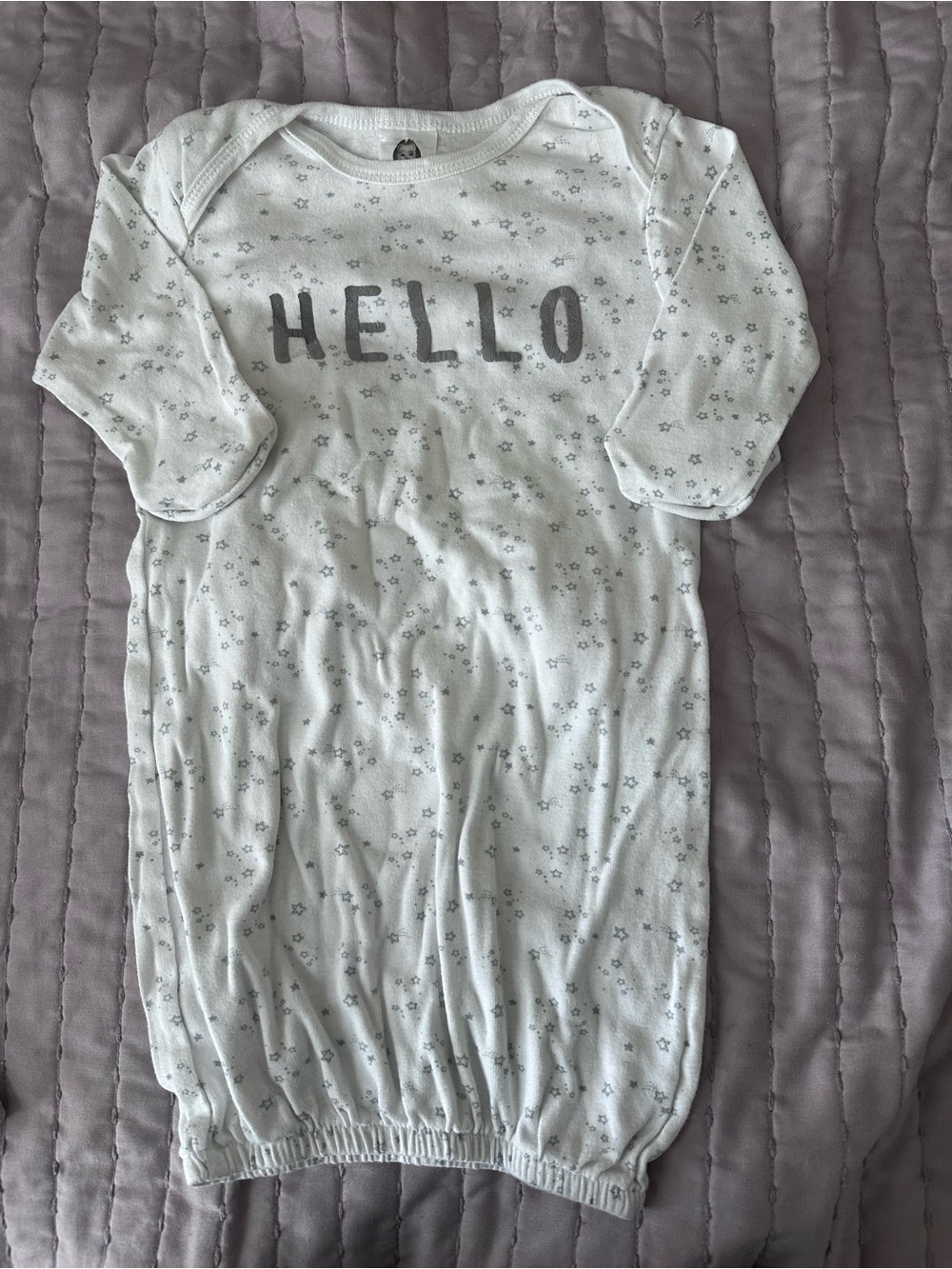 Gerber White Baby Gown with Gray Stars and HELLO Script